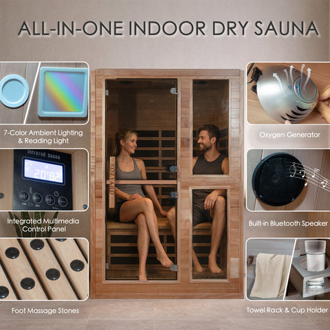 Kozyard All-In-One Infrared Sauna – Multimedia control, 7-color lighting, Bluetooth speaker, oxygen generator, solid wood home sauna
