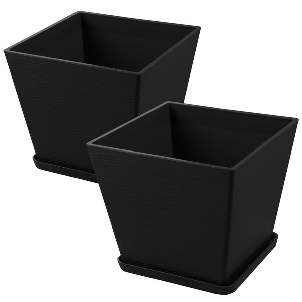 Two black plastic square plant pots with attached saucers, showcasing a sleek, functional design perfect for indoor or outdoor use.Black Square Plastic Plant Pots with Saucers – Set of 2. black plastic plant pots, plant pots with saucers, plastic planters, set of 2 planters, indoor - outdoor square planters