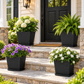 Kozyard large square outdoor planters with matching saucers showcase hydrangeas, flowering plants and greenery around a welcoming front porch and entryway. These modern decorative flower pots offer spacious planting room for medium to large plants and complement porch, patio, deck, garden and front door decor, making them versatile indoor outdoor planters for seasonal flowers and landscaping.