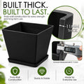 Kozyard square planter features durable 11 mm thick-wall construction engineered for extra strength, stability and long-term everyday use. This sturdy large plant pot with matching saucer combines a modern textured exterior with heavy-duty construction for medium to large houseplants, flowers and greenery, ideal as an indoor outdoor planter for patio, porch, garden, living room, office and entryway.