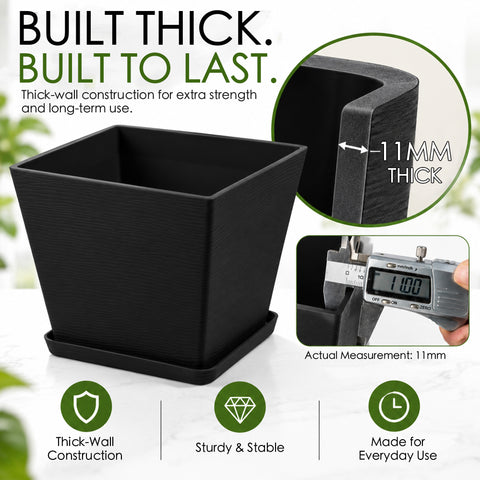 Kozyard square planter features durable 11 mm thick-wall construction engineered for extra strength, stability and long-term everyday use. This sturdy large plant pot with matching saucer combines a modern textured exterior with heavy-duty construction for medium to large houseplants, flowers and greenery, ideal as an indoor outdoor planter for patio, porch, garden, living room, office and entryway.
