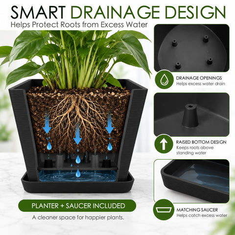 Kozyard square planter with smart drainage design features drainage openings, a raised bottom and matching saucer to help drain and catch excess water while keeping plant roots above standing water. This large indoor outdoor plant pot provides a practical growing solution for houseplants, flowers and greenery while helping protect floors and patios and maintain a cleaner planting space.