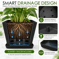 Kozyard square planter with smart drainage design features drainage openings, a raised bottom and matching saucer to help drain and catch excess water while keeping plant roots above standing water. This large indoor outdoor plant pot provides a practical growing solution for houseplants, flowers and greenery while helping protect floors and patios and maintain a cleaner planting space.