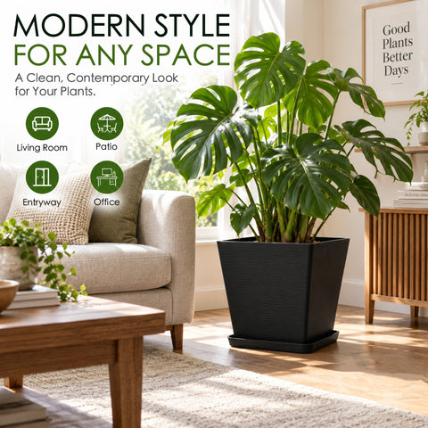 Kozyard modern square planter with matching saucer creates a clean contemporary look for large houseplants and tropical plants such as Monstera. This decorative indoor outdoor plant pot features a stylish textured finish and spacious design for medium to large plants, making it ideal for living room, office, entryway, patio, porch, balcony, garden and modern home decor.