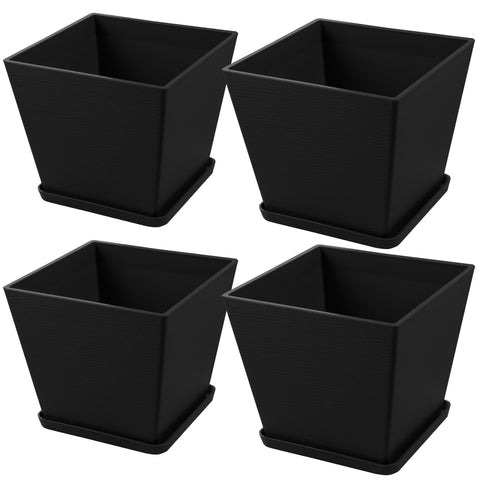 Four black square - shaped plastic plant pots, each accompanied by a matching saucer. The pots have a sleek, modern design, suitable for both indoor and outdoor plant display. Set of 4 Black Square Plastic Plant Pots with Saucers. black square plastic plant pots, plant pots with saucers, set of 4 planters, modern planters, indoor - outdoor planters.