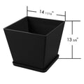 Kozyard large square planter with matching saucer measures 14 11/16 inches wide and 13 3/8 inches high, offering spacious planting room for medium to large plants, flowers and houseplants. This modern textured indoor outdoor plant pot combines a clean contemporary square design with a coordinating drainage saucer, ideal for living room, entryway, office, patio, porch, balcony and garden decor.