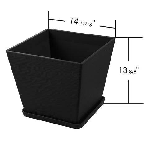 Kozyard large square planter with matching saucer measures 14 11/16 inches wide and 13 3/8 inches high, offering spacious planting room for medium to large plants, flowers and houseplants. This modern textured indoor outdoor plant pot combines a clean contemporary square design with a coordinating drainage saucer, ideal for living room, entryway, office, patio, porch, balcony and garden decor.