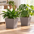 Kozyard square planters with matching saucers create a modern indoor display for peace lilies, hydrangeas, houseplants and flowering plants. Designed for medium to large plants, these decorative indoor outdoor plant pots feature a contemporary textured surface and versatile square shape, ideal for living rooms, offices, entryways, patios, porches, balconies, gardens and stylish home decor.