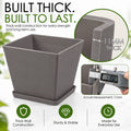 Kozyard square planter features durable 11 mm thick-wall construction engineered for extra strength, stability and long-term everyday use. This sturdy large plant pot with matching saucer combines a modern textured exterior with heavy-duty construction for medium to large houseplants, flowers and greenery, ideal as an indoor outdoor planter for patio, porch, garden, living room, office and entryway.