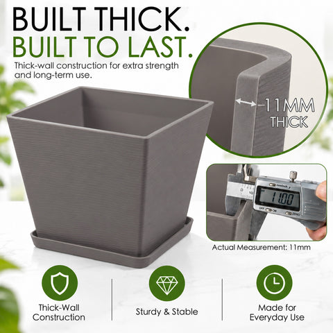 Kozyard square planter features durable 11 mm thick-wall construction engineered for extra strength, stability and long-term everyday use. This sturdy large plant pot with matching saucer combines a modern textured exterior with heavy-duty construction for medium to large houseplants, flowers and greenery, ideal as an indoor outdoor planter for patio, porch, garden, living room, office and entryway.