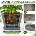 Kozyard square planter with smart drainage design features drainage openings, a raised bottom and matching saucer to help drain and catch excess water while keeping plant roots above standing water. This large indoor outdoor plant pot provides a practical growing solution for houseplants, flowers and greenery while helping protect floors and patios and maintain a cleaner planting space.
