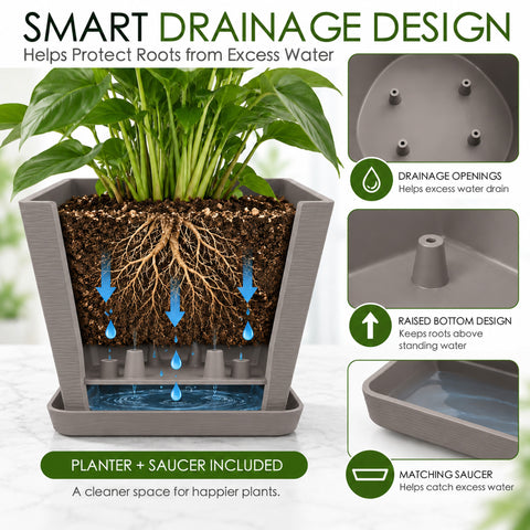 Kozyard square planter with smart drainage design features drainage openings, a raised bottom and matching saucer to help drain and catch excess water while keeping plant roots above standing water. This large indoor outdoor plant pot provides a practical growing solution for houseplants, flowers and greenery while helping protect floors and patios and maintain a cleaner planting space.