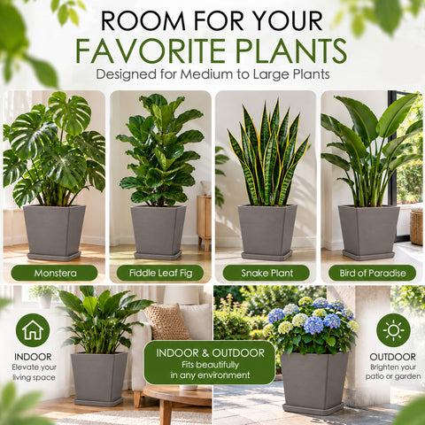 Kozyard large square planter is designed for medium to large plants including Monstera, fiddle leaf fig, snake plant, bird of paradise, hydrangeas and other houseplants. This modern indoor outdoor plant pot with matching saucer offers versatile placement in living rooms, offices, entryways, patios, porches, balconies and gardens, combining functional planting space with contemporary home decor.