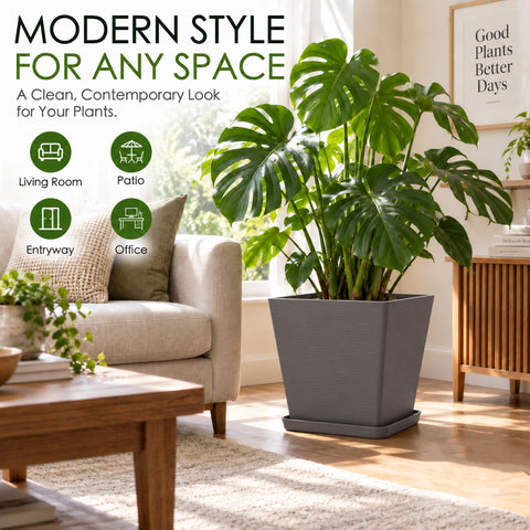 Kozyard modern square planter with matching saucer creates a clean contemporary look for large houseplants and tropical plants such as Monstera. This decorative indoor outdoor plant pot features a stylish textured finish and spacious design for medium to large plants, making it ideal for living room, office, entryway, patio, porch, balcony, garden and modern home decor.