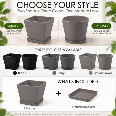 Kozyard modern indoor outdoor planters offer square and round shapes with a contemporary textured design for houseplants, flowers and greenery. Each planter includes one matching saucer to help create a clean, coordinated planting setup. These versatile large plant pots are ideal for living room, office, entryway, patio, porch, balcony, garden and modern home decor.