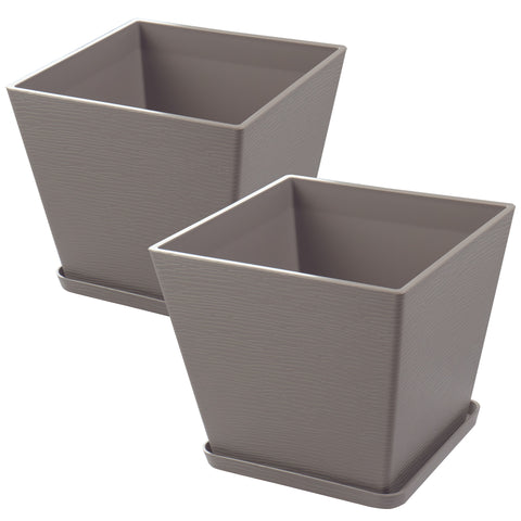 Two brown plastic square plant pots with attached saucers, showcasing a sleek, functional design perfect for indoor or outdoor use. Brown Square Plastic Plant Pots with Saucers – Set of 2. brown plastic plant pots, plant pots with saucers, plastic planters, set of 2 planters, indoor-outdoor square planters