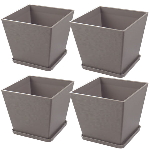 Four brown square-shaped plastic plant pots, each accompanied by a matching saucer. The pots have a sleek, modern design, suitable for both indoor and outdoor plant display. Set of 4 Brown Square Plastic Plant Pots with Saucers. brown square plastic plant pots, plant pots with saucers, set of 4 planters, modern planters, indoor-outdoor planters.