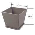 Kozyard large square planter with matching saucer measures 14 11/16 inches wide and 13 3/8 inches high, offering spacious planting room for medium to large plants, flowers and houseplants. This modern textured indoor outdoor plant pot combines a clean contemporary square design with a coordinating drainage saucer, ideal for living room, entryway, office, patio, porch, balcony and garden decor.