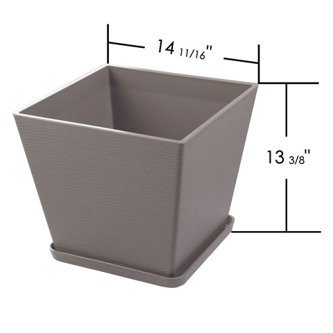 Kozyard large square planter with matching saucer measures 14 11/16 inches wide and 13 3/8 inches high, offering spacious planting room for medium to large plants, flowers and houseplants. This modern textured indoor outdoor plant pot combines a clean contemporary square design with a coordinating drainage saucer, ideal for living room, entryway, office, patio, porch, balcony and garden decor.