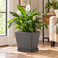 Kozyard large square planter with matching saucer features a modern textured finish and spacious design for peace lilies, houseplants, flowers and greenery. This decorative indoor outdoor plant pot offers a clean contemporary look for medium to large plants, making it a stylish square flower pot for living room, entryway, office, patio, porch, balcony, garden and modern home decor.