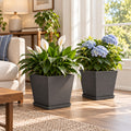 Kozyard square planters with matching saucers create a modern indoor display for peace lilies, hydrangeas, houseplants and flowering plants. Designed for medium to large plants, these decorative indoor outdoor plant pots feature a contemporary textured surface and versatile square shape, ideal for living rooms, offices, entryways, patios, porches, balconies, gardens and stylish home decor.