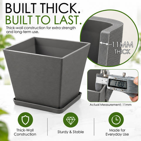 Kozyard square planter features durable 11 mm thick-wall construction engineered for extra strength, stability and long-term everyday use. This sturdy large plant pot with matching saucer combines a modern textured exterior with heavy-duty construction for medium to large houseplants, flowers and greenery, ideal as an indoor outdoor planter for patio, porch, garden, living room, office and entryway.