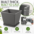 Kozyard square planter features durable 11 mm thick-wall construction engineered for extra strength, stability and long-term everyday use. This sturdy large plant pot with matching saucer combines a modern textured exterior with heavy-duty construction for medium to large houseplants, flowers and greenery, ideal as an indoor outdoor planter for patio, porch, garden, living room, office and entryway.