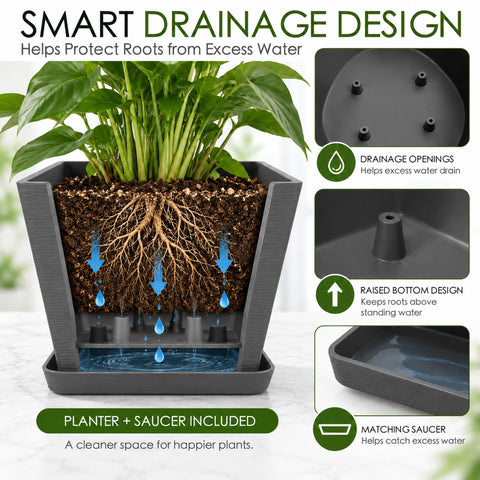Kozyard square planter with smart drainage design features drainage openings, a raised bottom and matching saucer to help drain and catch excess water while keeping plant roots above standing water. This large indoor outdoor plant pot provides a practical growing solution for houseplants, flowers and greenery while helping protect floors and patios and maintain a cleaner planting space.