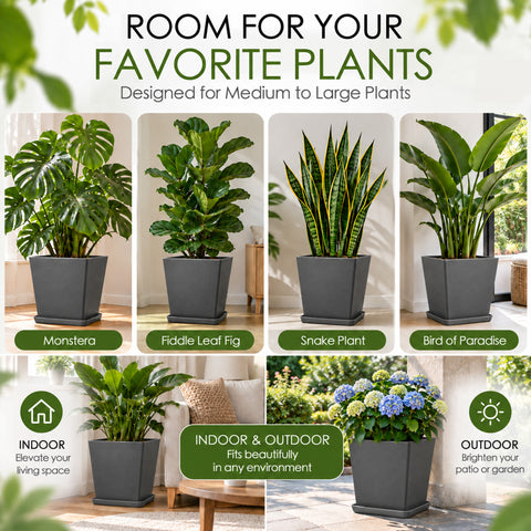 Kozyard large square planter is designed for medium to large plants including Monstera, fiddle leaf fig, snake plant, bird of paradise, hydrangeas and other houseplants. This modern indoor outdoor plant pot with matching saucer offers versatile placement in living rooms, offices, entryways, patios, porches, balconies and gardens, combining functional planting space with contemporary home decor.