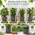 Kozyard large square planter is designed for medium to large plants including Monstera, fiddle leaf fig, snake plant, bird of paradise, hydrangeas and other houseplants. This modern indoor outdoor plant pot with matching saucer offers versatile placement in living rooms, offices, entryways, patios, porches, balconies and gardens, combining functional planting space with contemporary home decor.