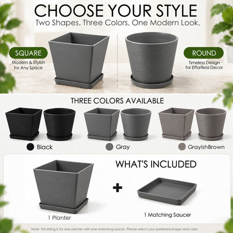 Kozyard modern indoor outdoor planters offer square and round shapes with a contemporary textured design for houseplants, flowers and greenery. Each planter includes one matching saucer to help create a clean, coordinated planting setup. These versatile large plant pots are ideal for living room, office, entryway, patio, porch, balcony, garden and modern home decor.