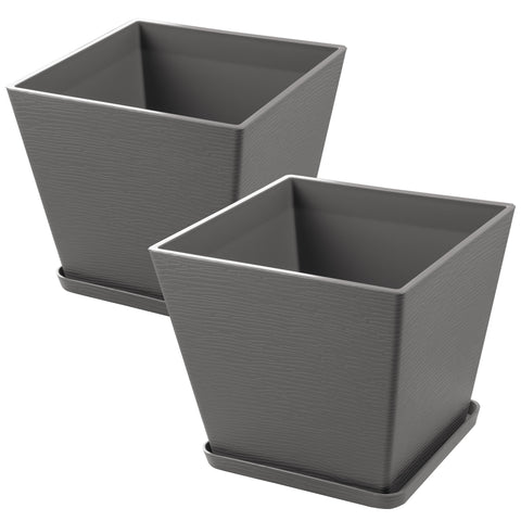 Two gray plastic square plant pots with attached saucers, showcasing a sleek, functional design perfect for indoor or outdoor use. Gray Square Plastic Plant Pots with Saucers – Set of 2. gray plastic plant pots, plant pots with saucers, plastic planters, set of 2 planters, indoor-outdoor square planters