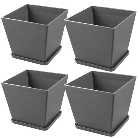 Four gray square-shaped plastic plant pots, each accompanied by a matching saucer. The pots have a sleek, modern design, suitable for both indoor and outdoor plant display. Set of 4 Gray Square Plastic Plant Pots with Saucers. gray square plastic plant pots, plant pots with saucers, set of 4 planters, modern planters, indoor-outdoor planters.


