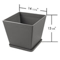 Kozyard large square planter with matching saucer measures 14 11/16 inches wide and 13 3/8 inches high, offering spacious planting room for medium to large plants, flowers and houseplants. This modern textured indoor outdoor plant pot combines a clean contemporary square design with a coordinating drainage saucer, ideal for living room, entryway, office, patio, porch, balcony and garden decor.