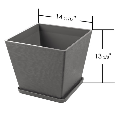 Kozyard large square planter with matching saucer measures 14 11/16 inches wide and 13 3/8 inches high, offering spacious planting room for medium to large plants, flowers and houseplants. This modern textured indoor outdoor plant pot combines a clean contemporary square design with a coordinating drainage saucer, ideal for living room, entryway, office, patio, porch, balcony and garden decor.