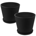 Two black plastic plant pots with attached saucers, showcasing a sleek, functional design perfect for indoor or outdoor use.Black Plastic Plant Pots with Saucers – Set of 2. black plastic plant pots, plant pots with saucers, plastic planters, set of 2 planters, indoor - outdoor planters