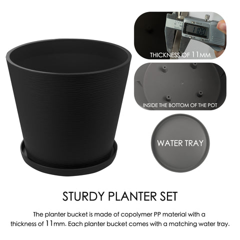 This image presents a black plastic planter set. The main planter bucket is shown with a close - up of its 11mm thickness measured by a digital caliper. There are also insets of the inside bottom of the pot and the water tray that comes with the planter. The text "STURDY PLANTER SET" emphasizes the quality of the product, stating that the planter bucket is made of copolymer PP material with a thickness of 11mm and includes a matching water tray.Sturdy Black Plastic Planter Set: 11mm Copolymer PP Material. 