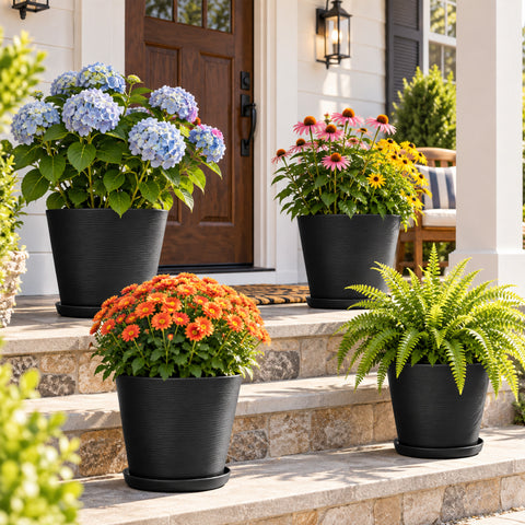 Kozyard large black outdoor planters with matching saucers display hydrangeas, coneflowers, daisies, mums and ferns on a sunny front porch. These modern flower pots provide stylish containers for medium to large plants and seasonal flowers, making them ideal outdoor planters for porch, patio, garden, entryway, deck and landscaping decor while adding a clean contemporary look.