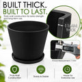 Kozyard black planter features durable 11 mm thick-wall construction designed for strength, stability and everyday use. This sturdy large plant pot with matching saucer combines a modern textured finish with heavy-duty construction for medium to large plants, flowers and houseplants. Ideal as an indoor outdoor planter for living room, patio, porch, garden, office and entryway decor.