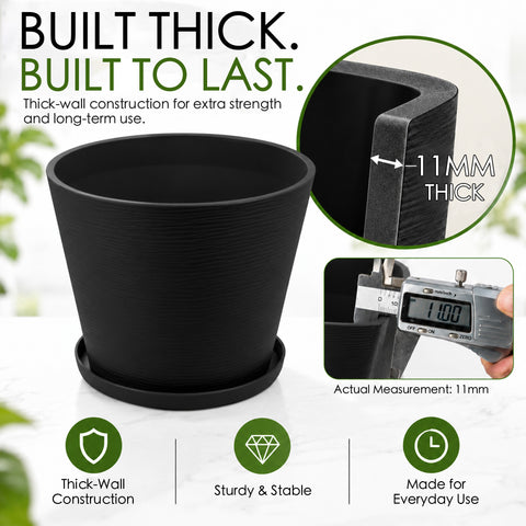 Kozyard black planter features durable 11 mm thick-wall construction designed for strength, stability and everyday use. This sturdy large plant pot with matching saucer combines a modern textured finish with heavy-duty construction for medium to large plants, flowers and houseplants. Ideal as an indoor outdoor planter for living room, patio, porch, garden, office and entryway decor.