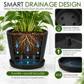 Kozyard large black planter with smart drainage design features drainage openings, a raised bottom and matching saucer to help manage excess water and keep plant roots above standing water. This modern indoor outdoor plant pot supports healthier growing conditions for houseplants, flowers and greenery while helping keep patios, floors and living spaces cleaner with a practical saucer.