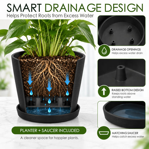 Kozyard large black planter with smart drainage design features drainage openings, a raised bottom and matching saucer to help manage excess water and keep plant roots above standing water. This modern indoor outdoor plant pot supports healthier growing conditions for houseplants, flowers and greenery while helping keep patios, floors and living spaces cleaner with a practical saucer.