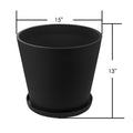 A black plastic plant pot with a textured surface, accompanied by a matching saucer at the base. The pot has a top diameter of 15 inches and a height of 13 inches, as indicated by the measurement markings.15x13 Inch Black Plastic Plant Pot with Saucer. black plastic plant pot, plant pot with saucer, 15 - inch planter, 13 - inch height planter, textured planter