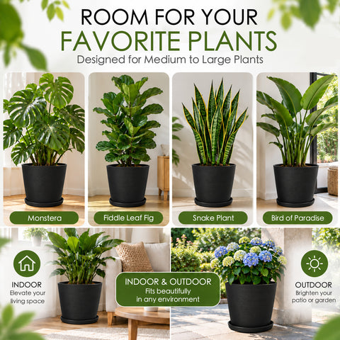 Kozyard large planter is designed for medium to large plants including Monstera, fiddle leaf fig, snake plant, bird of paradise and hydrangea. This modern black indoor outdoor plant pot with matching saucer offers versatile styling for houseplants, flowers and greenery. Ideal decorative planter for living room, office, entryway, patio, porch, balcony, garden and contemporary home decor.