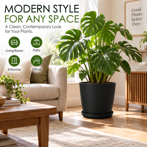 Kozyard modern black planter with matching saucer brings a clean contemporary look to living rooms, patios, entryways, offices and other indoor outdoor spaces. Shown with a large Monstera plant, this stylish textured plant pot is ideal for medium to large houseplants, tropical plants, flowers and greenery, combining decorative modern home styling with versatile placement throughout the home and garden.