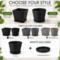 Kozyard modern planters are available in round and square shapes with black, gray and grayish brown color options for versatile indoor outdoor decor. Each plant pot includes one matching saucer and features a clean contemporary textured design for houseplants, flowers and greenery. Ideal large planter for living room, office, entryway, patio, porch, balcony, garden and modern home landscaping.