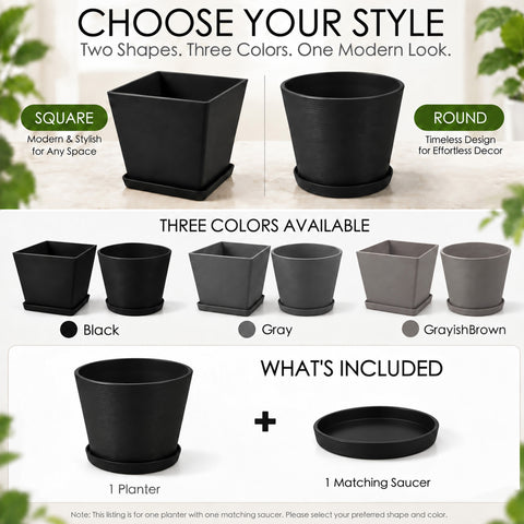 Kozyard modern planters are available in round and square shapes with black, gray and grayish brown color options for versatile indoor outdoor decor. Each plant pot includes one matching saucer and features a clean contemporary textured design for houseplants, flowers and greenery. Ideal large planter for living room, office, entryway, patio, porch, balcony, garden and modern home landscaping.