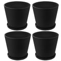 Four black plastic plant pots with attached saucers are displayed against a white background. The pots have a sleek, textured design, suitable for both indoor and outdoor use.Set of 4 Black Plastic Plant Pots with Saucers.black plastic plant pots, plant pots with saucers, set of 4 planters, indoor - outdoor planters, textured planters.