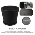 This image presents a black plastic planter set. The main planter bucket is shown with a close - up of its 11mm thickness measured by a digital caliper. There are also insets of the inside bottom of the pot and the water tray that comes with the planter. The text "STURDY PLANTER SET" emphasizes the quality of the product, stating that the planter bucket is made of copolymer PP material with a thickness of 11mm and includes a matching water tray.Sturdy Black Plastic Planter Set: 11mm Copolymer PP Material. 