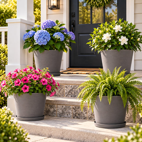 Kozyard outdoor planters with matching saucers display hydrangeas, coneflowers, daisies, mums and ferns on a sunny front porch. These modern flower pots provide stylish containers for medium to large plants and seasonal flowers, making them ideal outdoor planters for porch, patio, garden, entryway, deck and landscaping decor while adding a clean contemporary look.